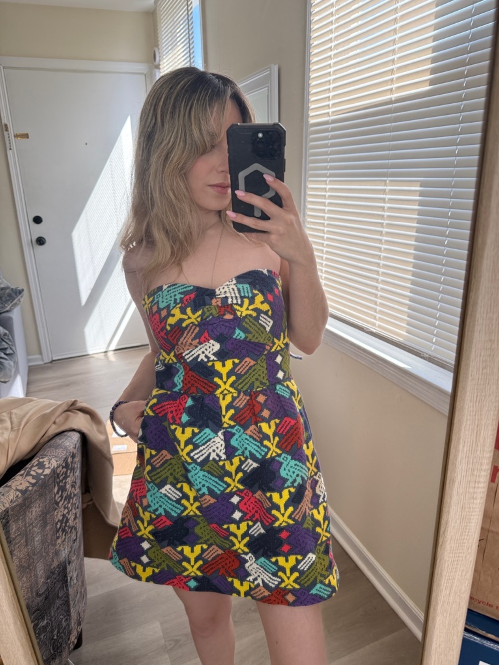 Strapless Multicolor Patterned Mini Dress with pockets & shorts underneath!